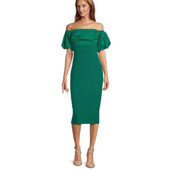 Badgley Mischka Belle Harlow Stretch Crepe Off-the-Shoulder Puffed Slv Dress 10 - Picture 2 of 4
